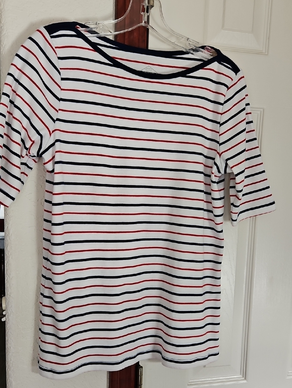 St. John's Bay White Boatneck Tee with Navy & Red Stripes